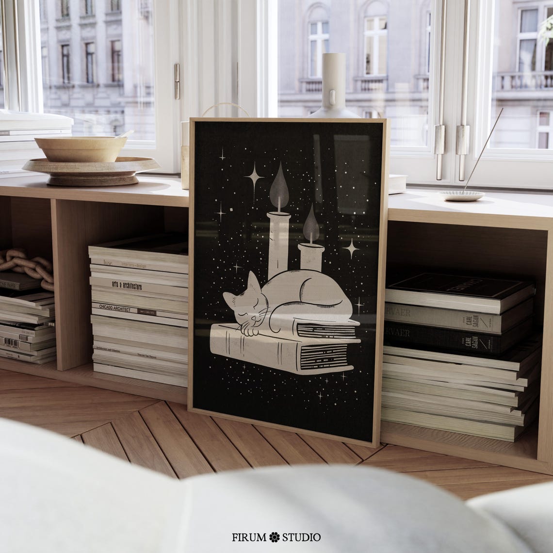 Black and White Cat Sleeping on Books Print Dark Academia Night Art