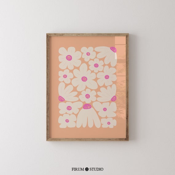 Peach And White Flowers Print Colorful Boho Bedroom Wall Art Pastel Floral Wall Decor Eclectic Apartment Art Poster 0682