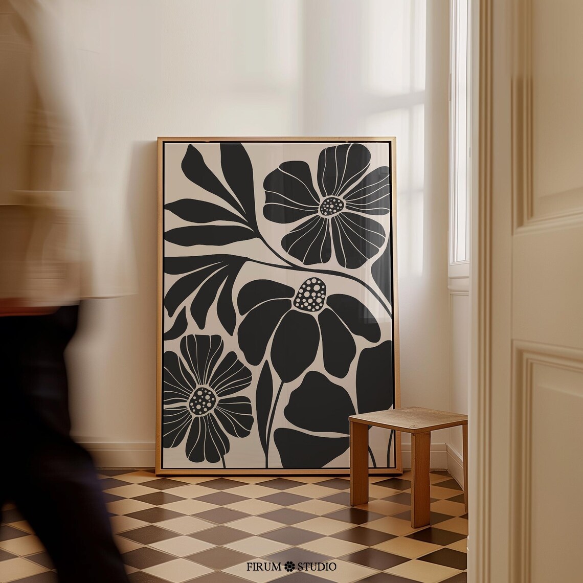 Abstract Botanical Beige Black Art Print, Neutral Floral
