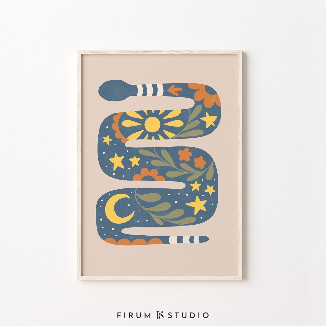 Blue Celestial Snake with Moon Stars and Florals Folk Poster - Image 2