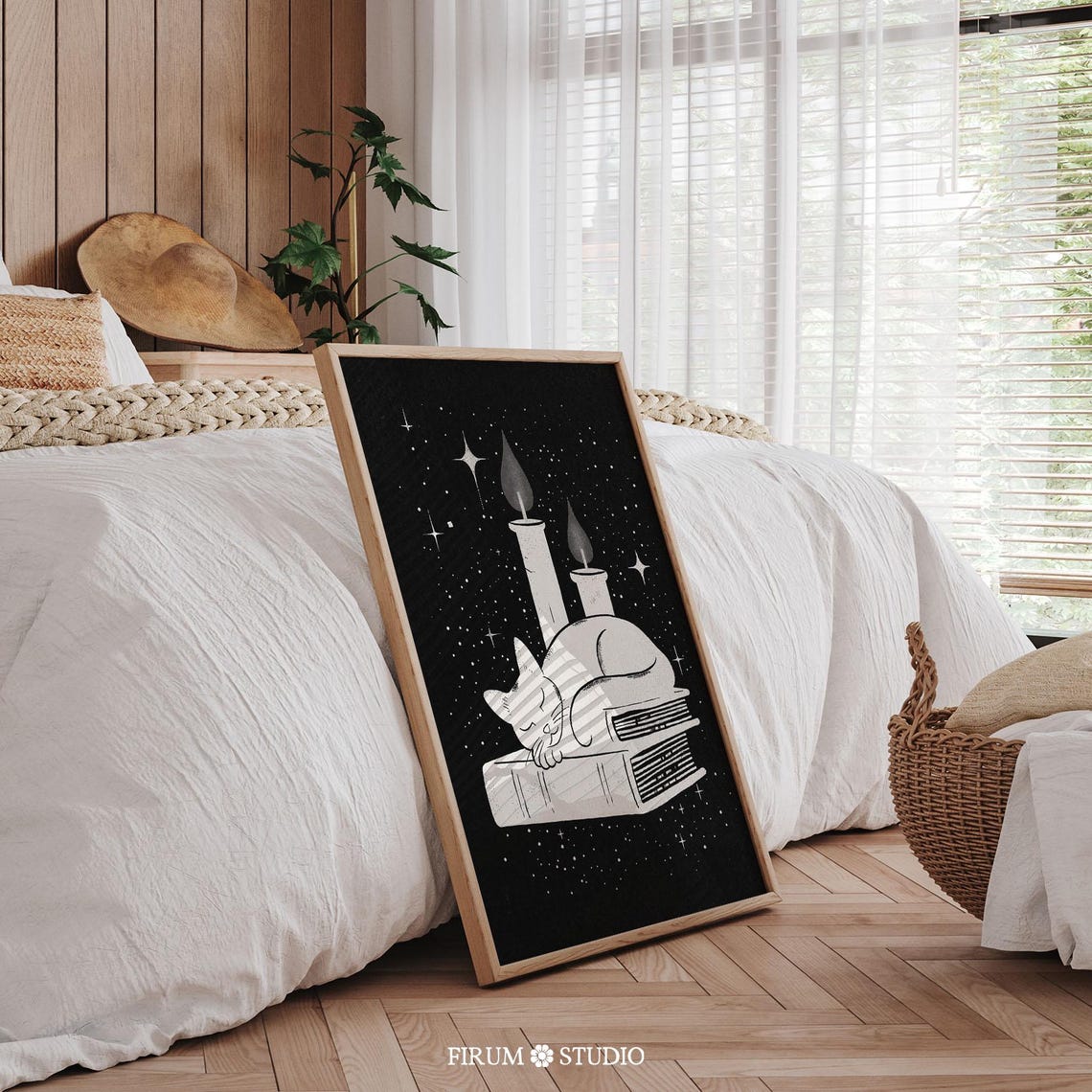 Black and White Cat Sleeping on Books Print Dark Academia Night Art - Image 2