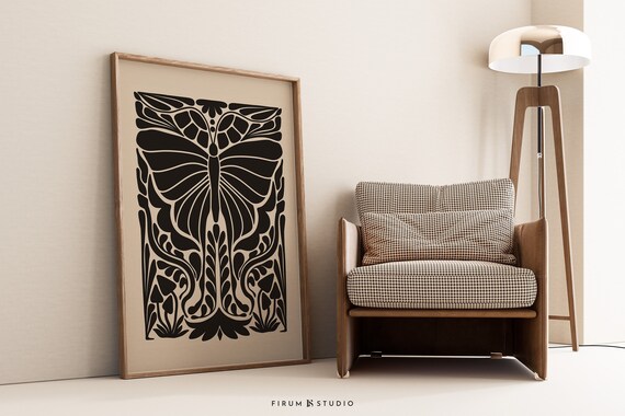 Black Butterfly Art Nouveau Botanical Halloween Moody Art Print