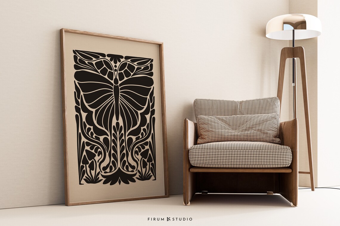 Black Butterfly Art Nouveau Botanical Halloween Moody Art Print