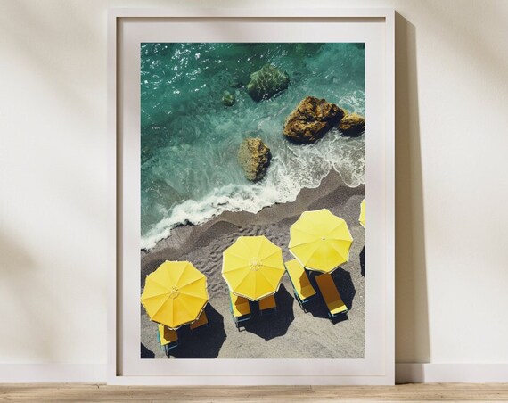 Yellow Umbrellas Rocky Coast Aerial Beach Photography Poster