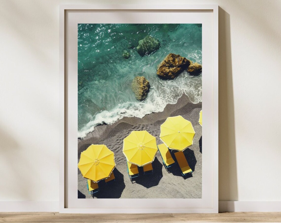 Yellow Umbrellas Rocky Coast Aerial Beach Photography Poster