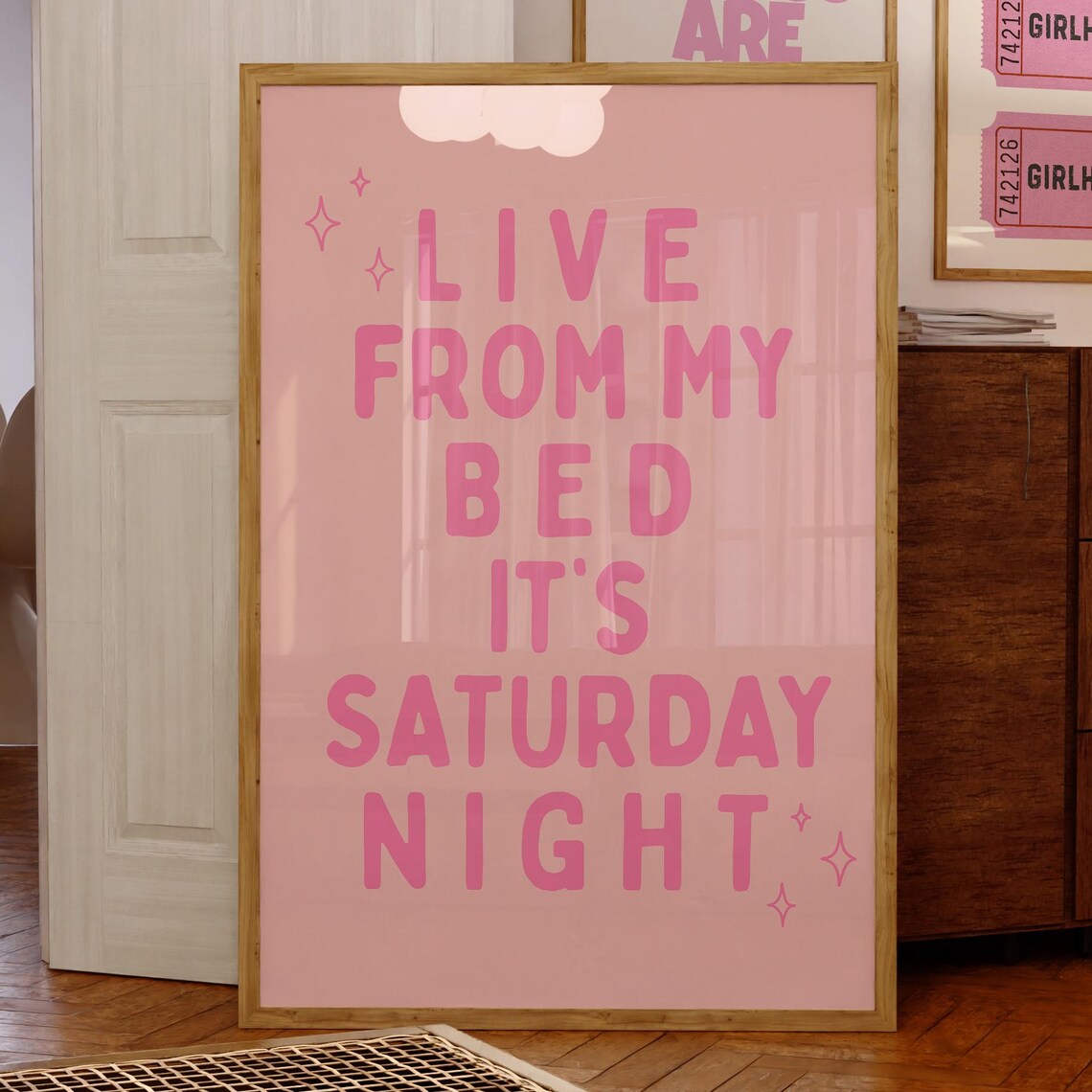 Live From My Bed It's Saturday Night Pink Preppy Quote Poster