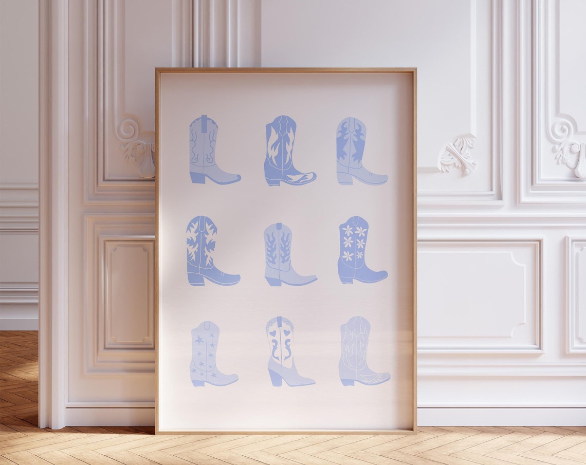 Light Blue Cowboy Boots Nine Grid Western Trendy Aesthetic Poster - Image 3