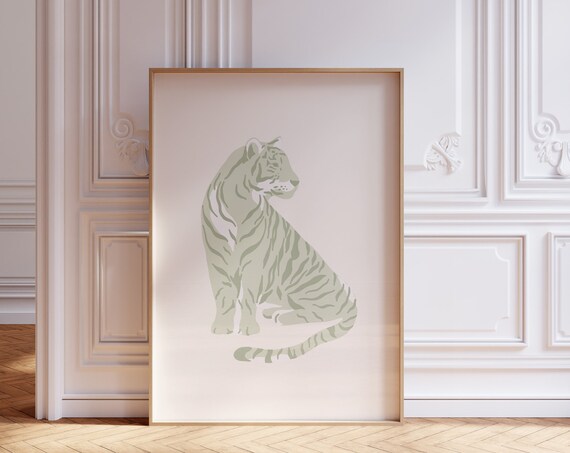 Sage Green Sitting Tiger Minimalist Wild Cat Aesthetic Poster
