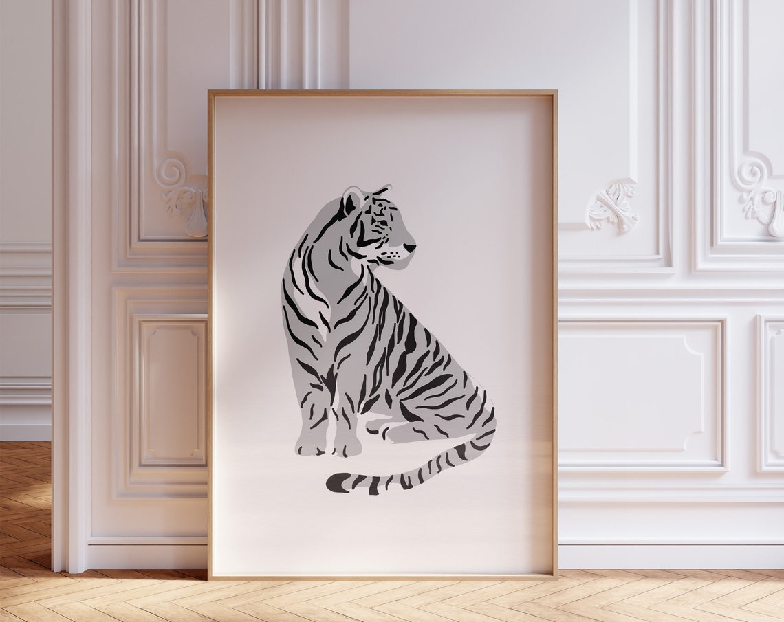 Black And White Minimalist Tiger Illustration Trendy Wall Art