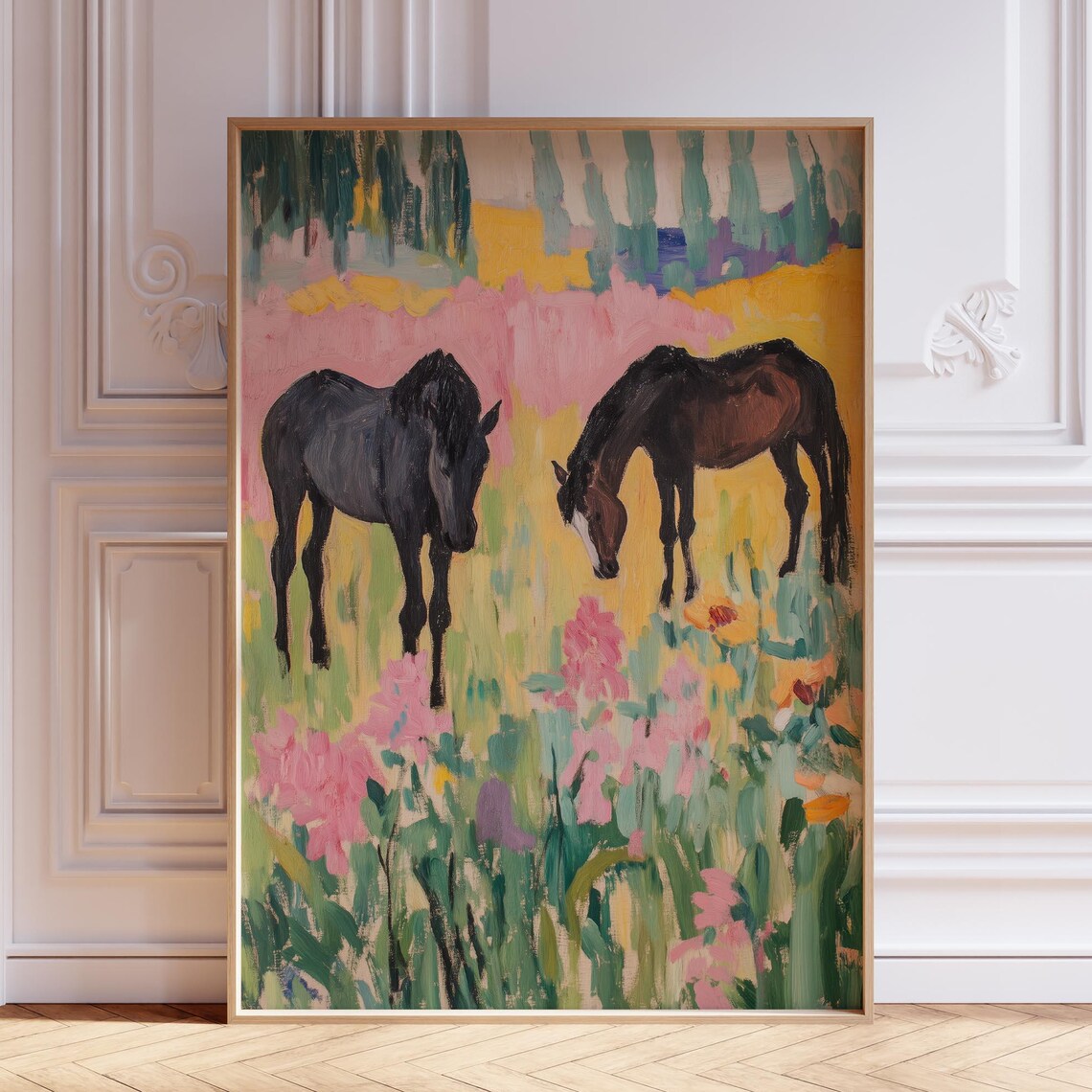 Two Horses Grazing Pastel Flower Meadow Painterly Art Poster