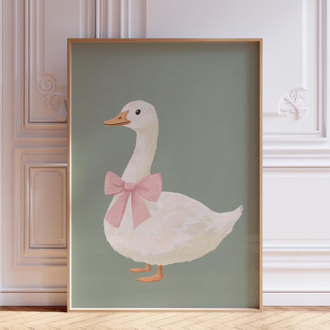 Charming White Goose With Pink Bow Sage Green Nursery Poster