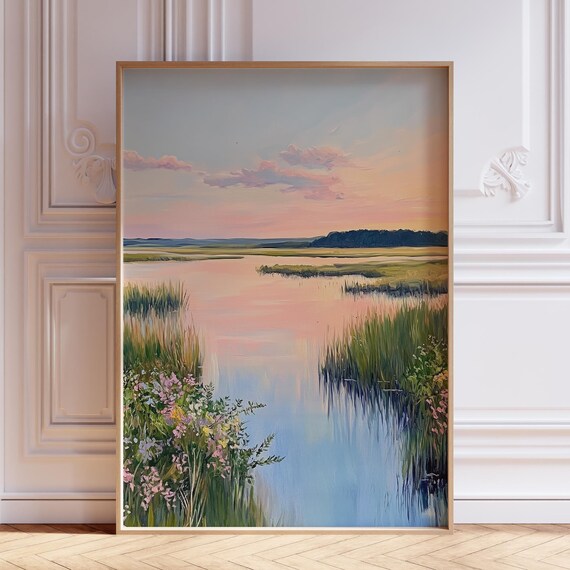 Sunset Marsh Inlet Reflective Water Pastel Wetland Landscape Poster