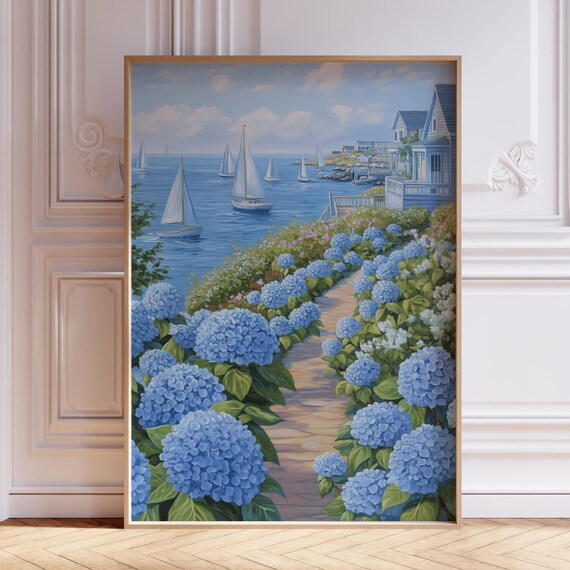 Blue Hydrangea Lined Coastal Path With Sailboats Seaside Harbor Art Poster