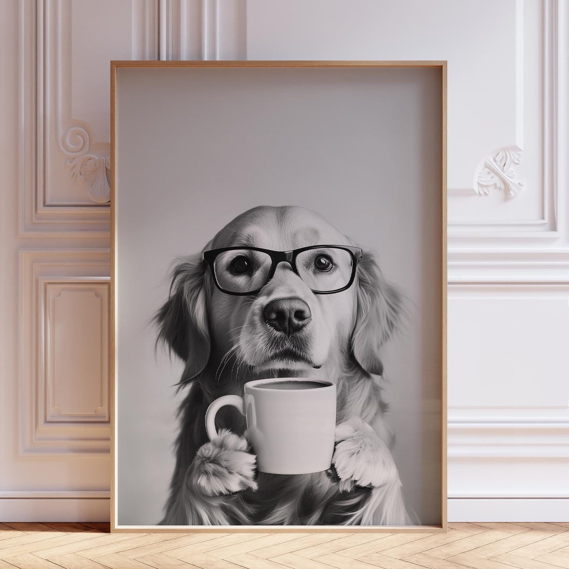 Golden Retriever Wearing Glasses Holding Coffee Mug Funny Poster