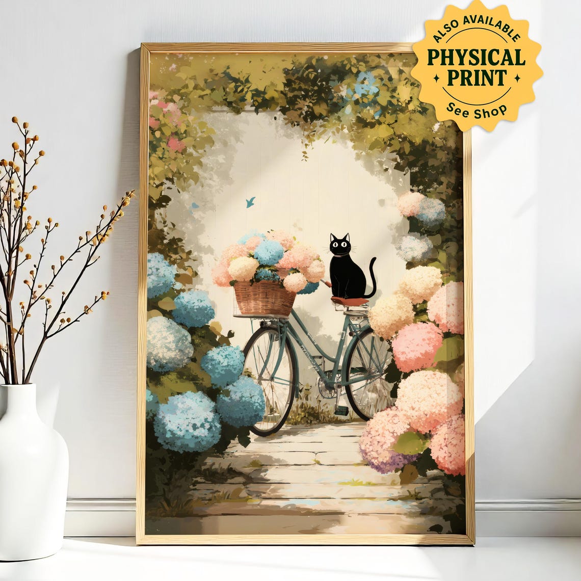 Black Cat Bicycle Among Pink And Blue Hydrangea Garden Poster