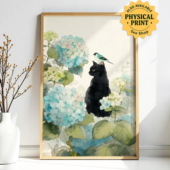 Black Cat with Tiny Bird Among Blue Hydrangea Blossoms Poster