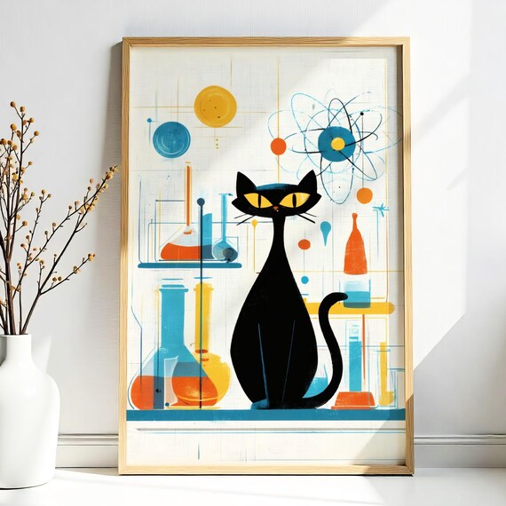 Atomic Black Cat Science Lab Retro Midcentury Chemistry Poster