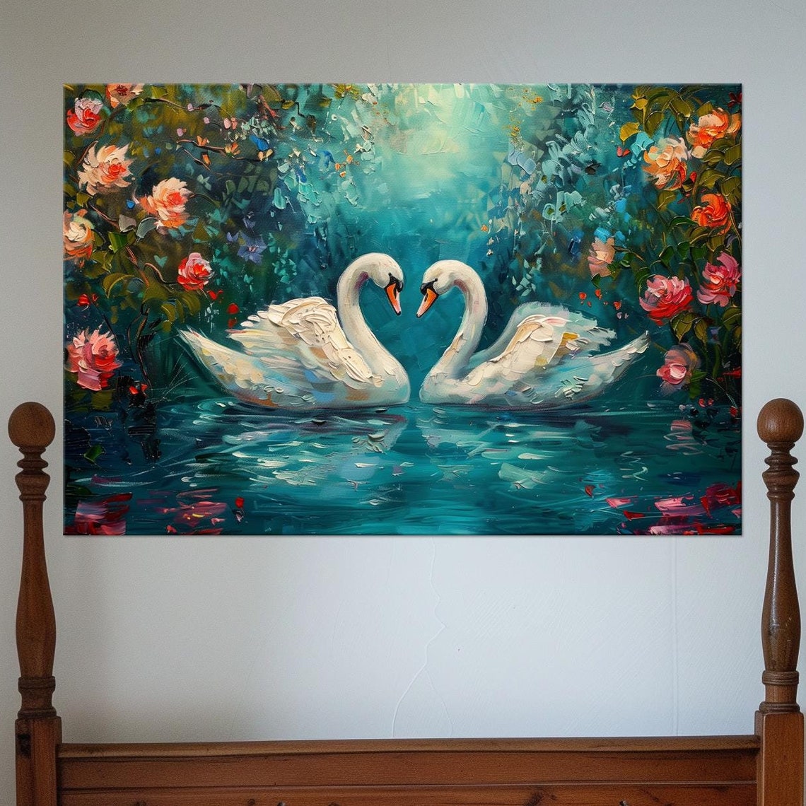 Two White Swans Heart Shape Romantic Love Impasto Wall Art Poster