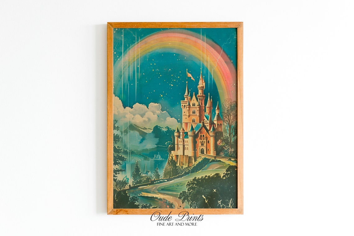 Fairytale Castle Under Rainbow Starry Night Vintage Postcard Poster