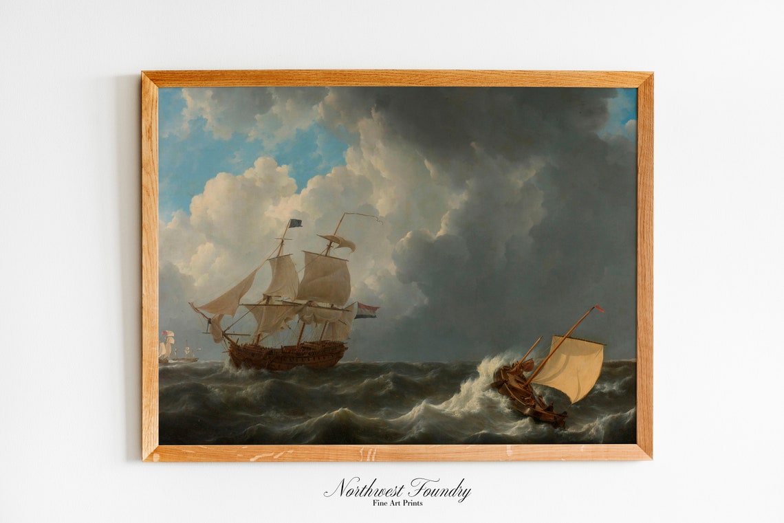 Tall Ships Battling Stormy Seas Dramatic Maritime Painting Poster - Image 3