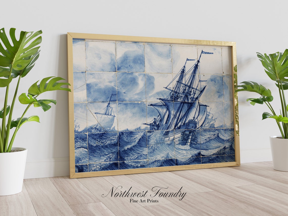 Blue and White Tile Mural of Tall Ships on Stormy Seas Poster - Image 3