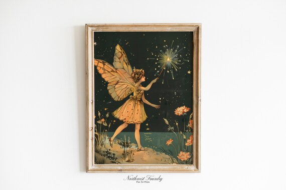 Fairy with Sparkling Magic Wand Starry Night Vintage Postcard Poster