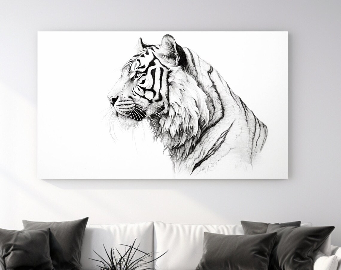 White Tiger Head Profile Black and White Sketch Majestic Wild Animal Wall Art Poster