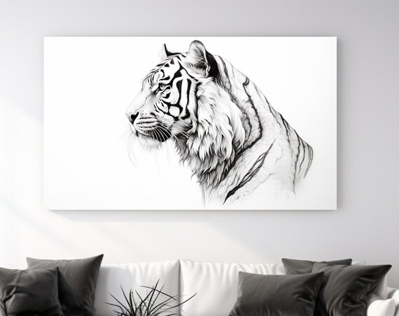 White Tiger Head Profile Black and White Sketch Majestic Wild Animal Wall Art Poster