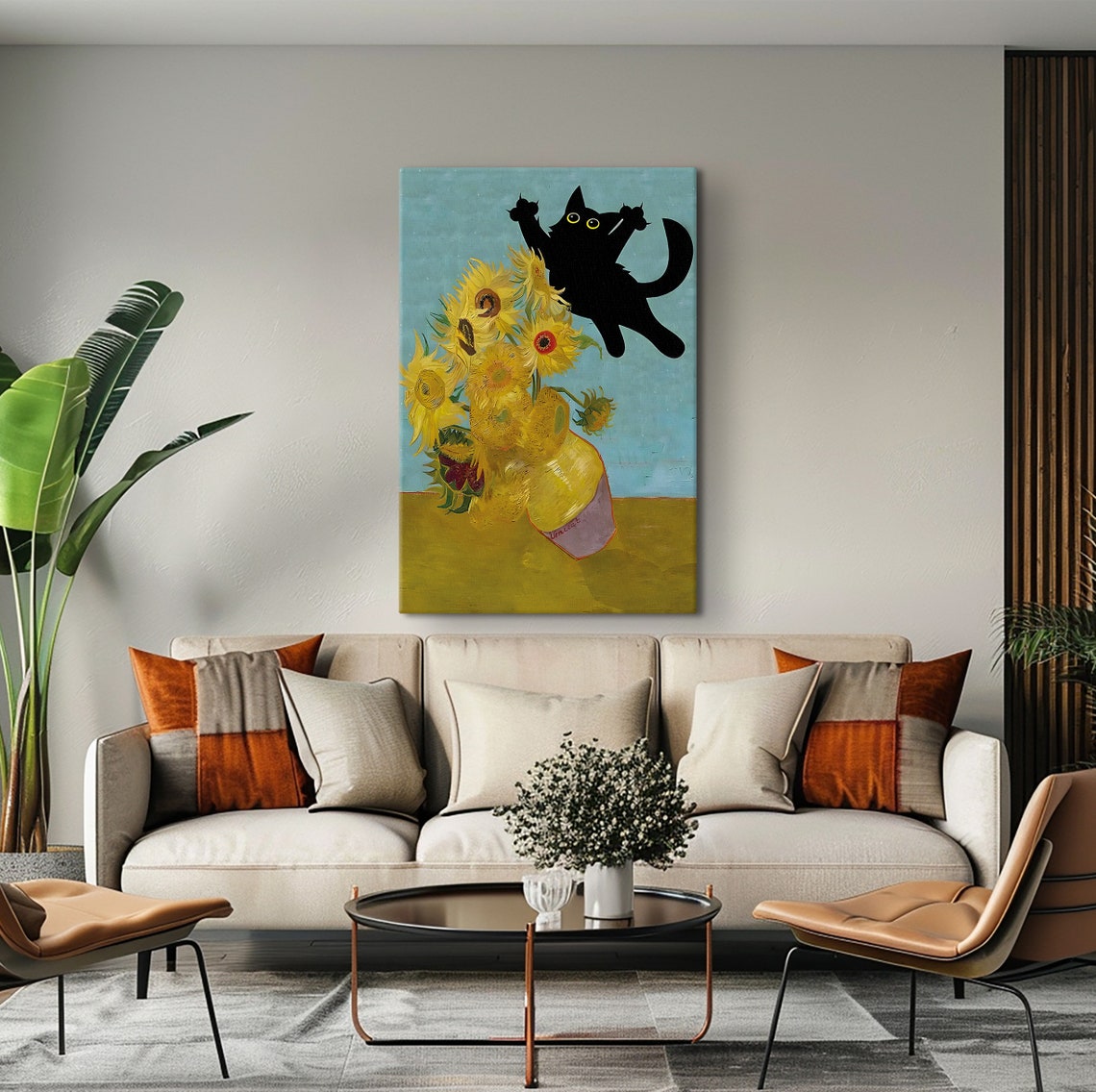 Van Gogh Sunflowers With Leaping Black Cat Funny Whimsical Poster - Image 4