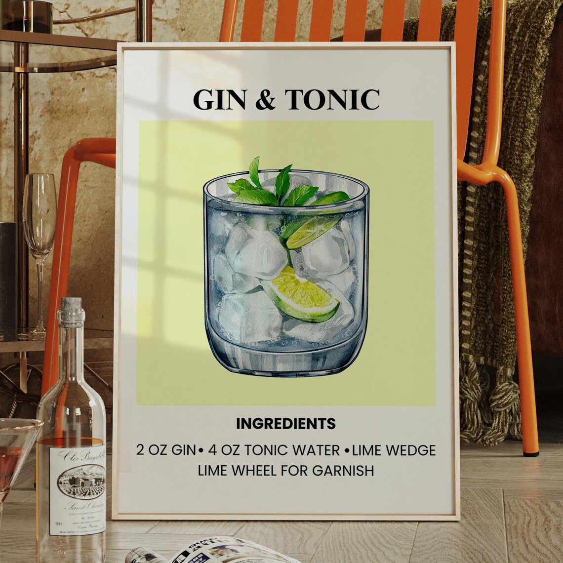 Gin And Tonic Cocktail Recipe Modern Kitchen Bar Decor Poster