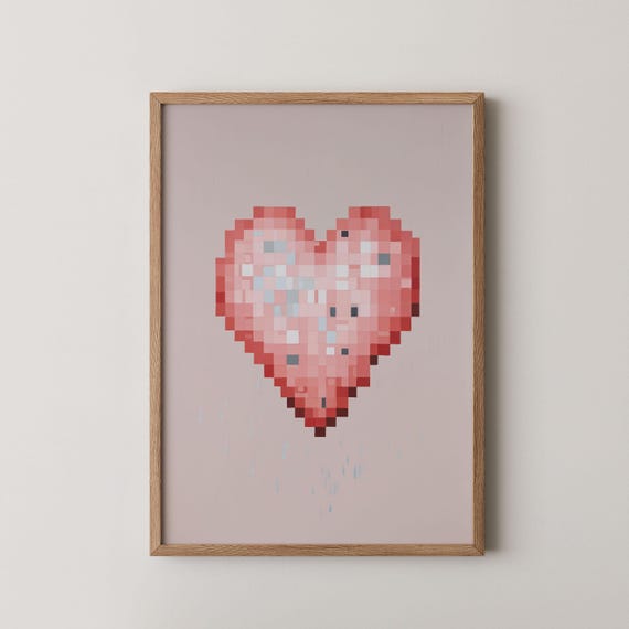 Pixel Art Pink Heart Retro Video Game Couples Valentine Art Poster
