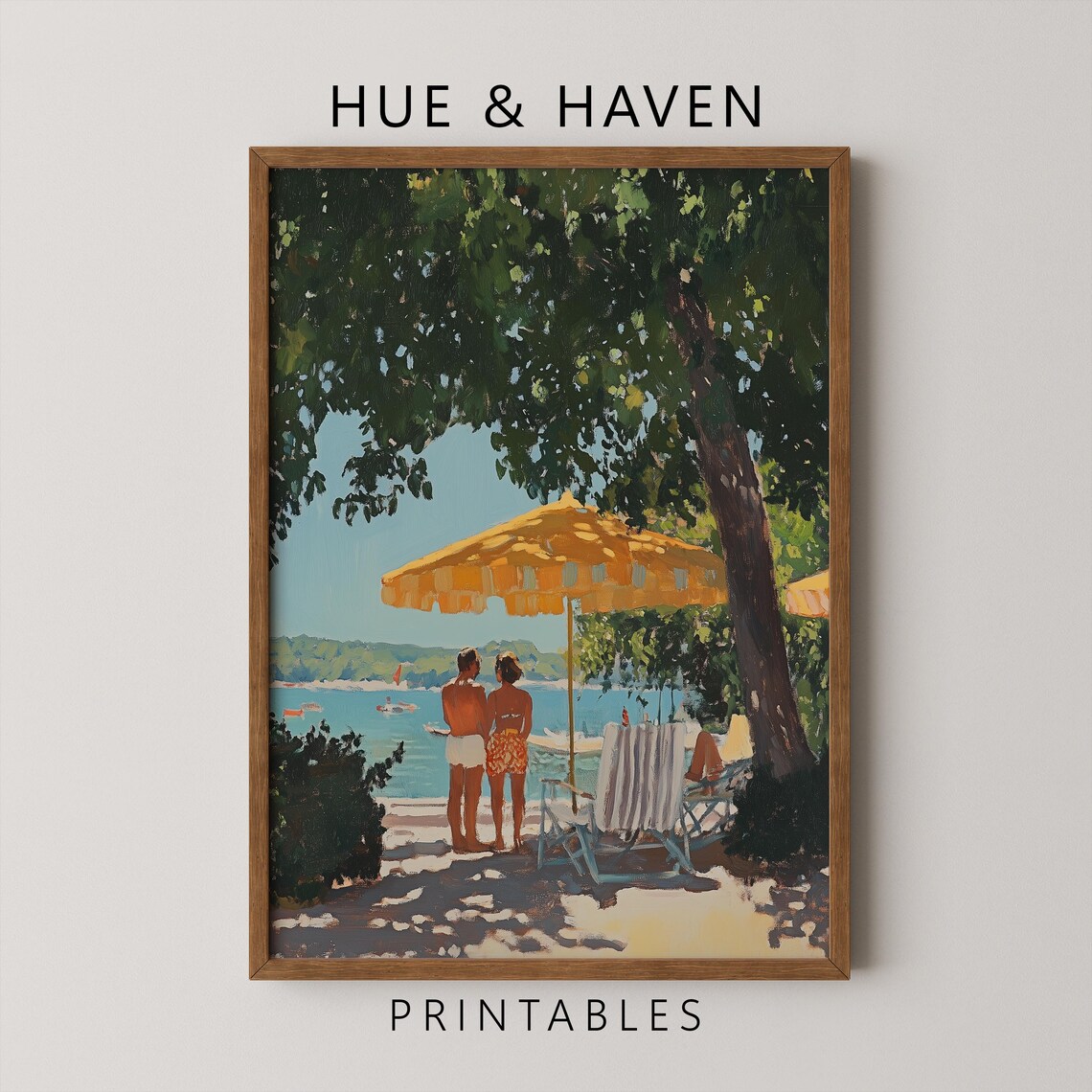 Italian Riviera Beach Couple Art Print Midcentury Summer Painting