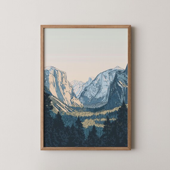 Granite Cliffs Mountain Valley Pine Forest Landscape Illustration Wall Art