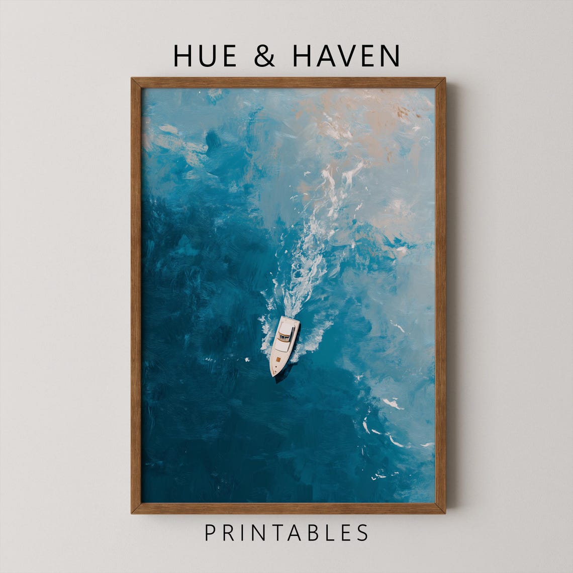 Ocean Boat Aerial Art Print Blue Abstract Seascape Nautical Decor