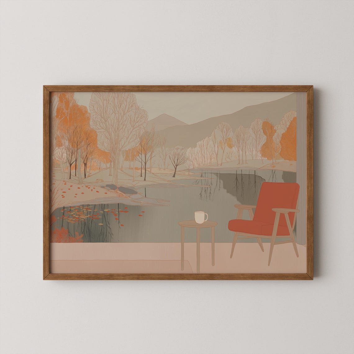Mid Century Modern Fall Cabin Lake View Lounge Chair Wall Art