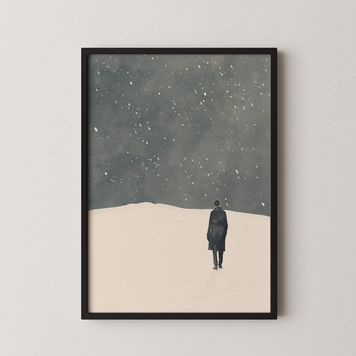 Minimalist Snowy Winter Walk Art Poster Lone Figure Snowfall Landscape