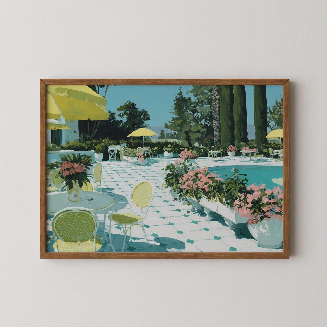 Mediterranean Poolside Resort Yellow Umbrellas Flowers Painterly Art Poster