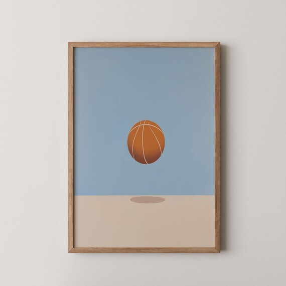 Minimalist Floating Basketball Above Court Blue Sky Sports Poster