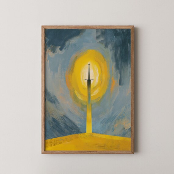 Medieval Sword Silhouette Against Golden Halo Moody Fantasy Art Poster