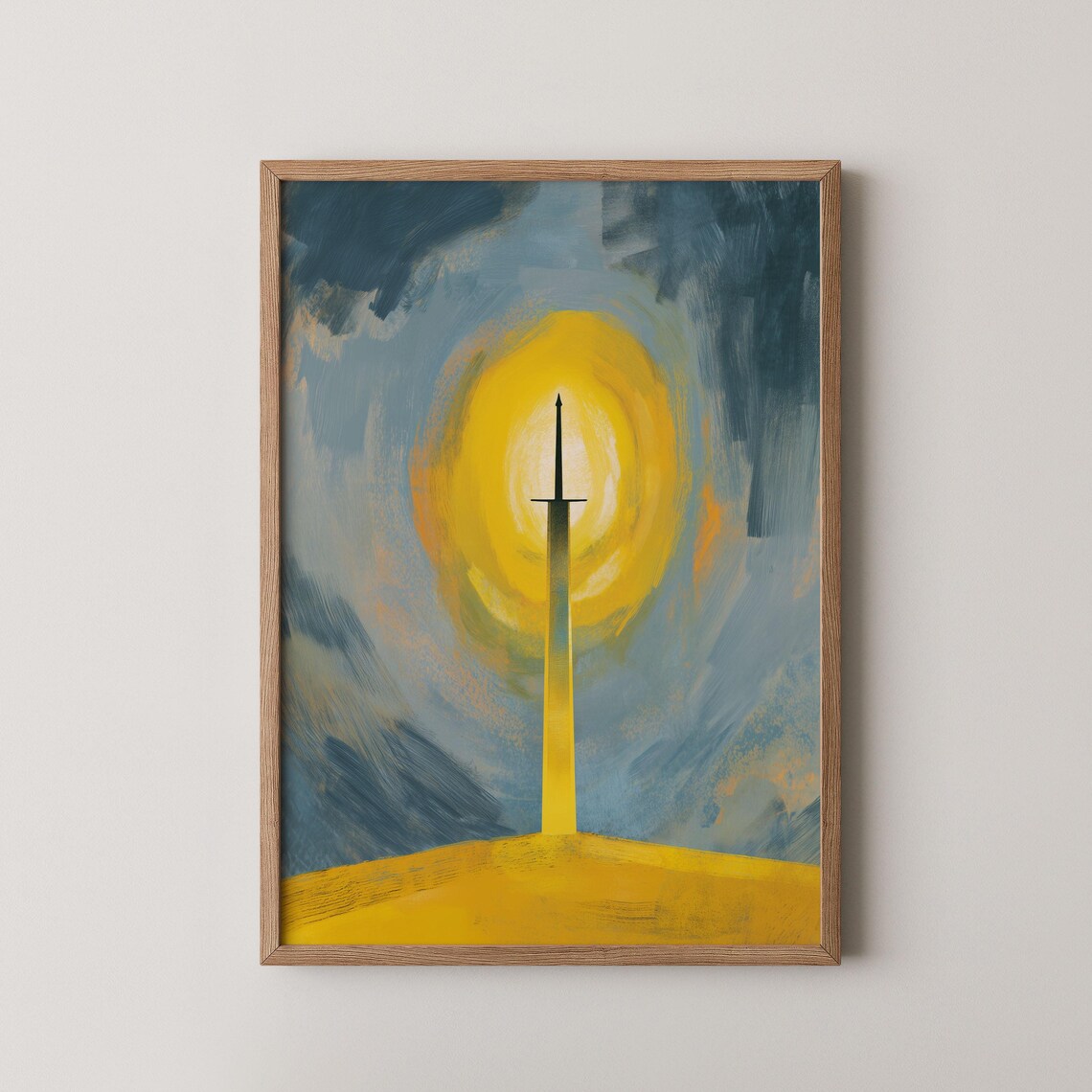 Medieval Sword Silhouette Against Golden Halo Moody Fantasy Art Poster