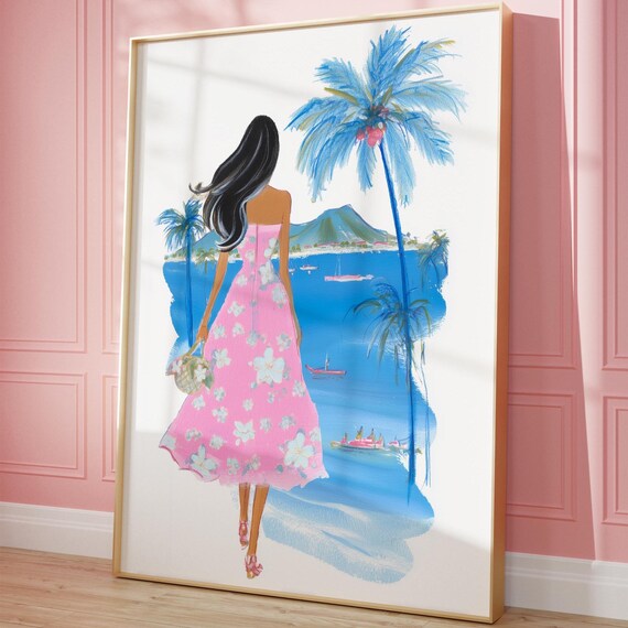 Tropical Hawaii Girl Pink Dress Palm Trees Ocean View Poster
