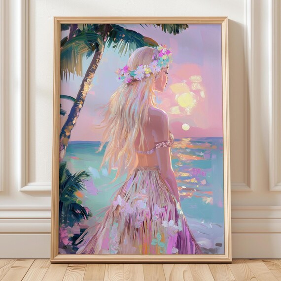 Blonde Hula Girl With Flower Crown Pastel Hawaiian Sunset Beach Poster