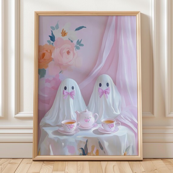 Tea Party Wall Art Cute Pastel Halloween Coquette Girly Time Floral Painting Trendy Poster Printout