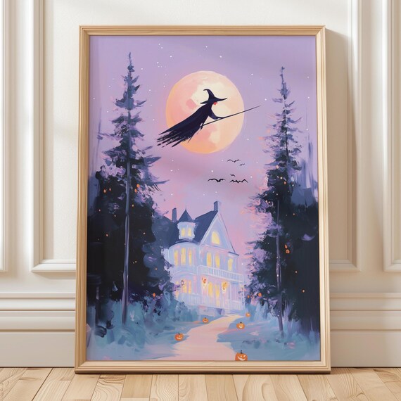 Haunted House Wall Art Witch Flying Broom Spooky Halloween Decor Gothic Mansion Moonlit Night Print