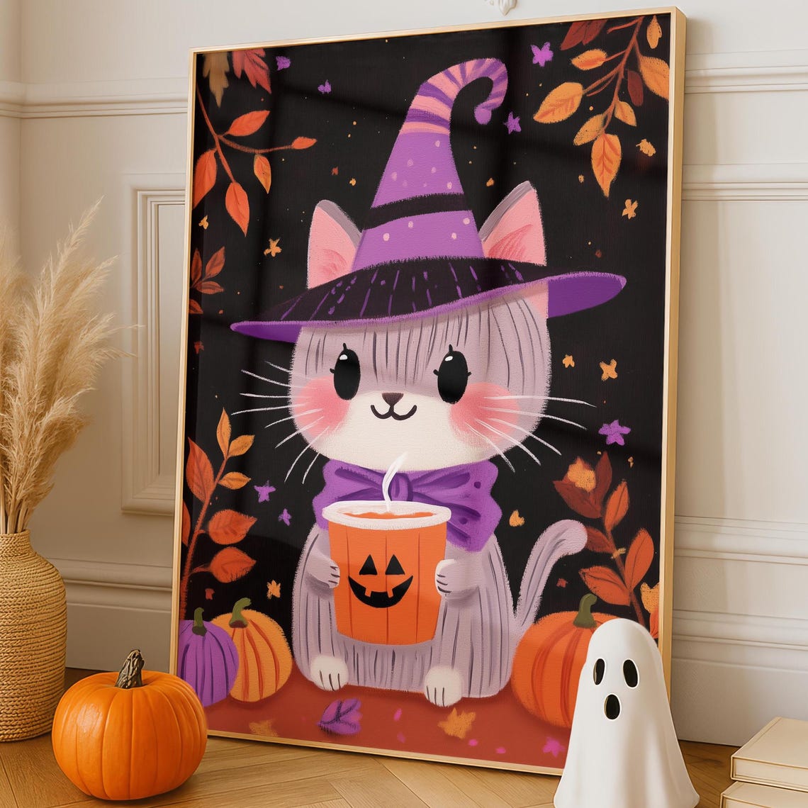 Cute Witch Cat Halloween Gray Kitty Pumpkin Latte Spooky Wall Poster