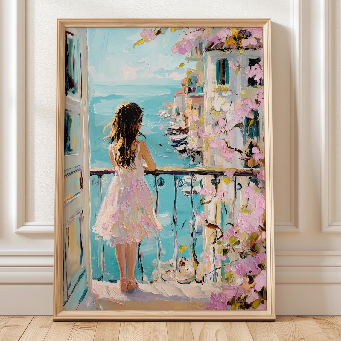 Dreamy Little Girl Balcony Coastal Town Blossom View Art Poster