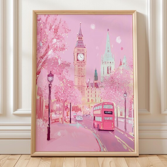 Pink London Street with Big Ben Red Bus Cherry Blossoms Poster