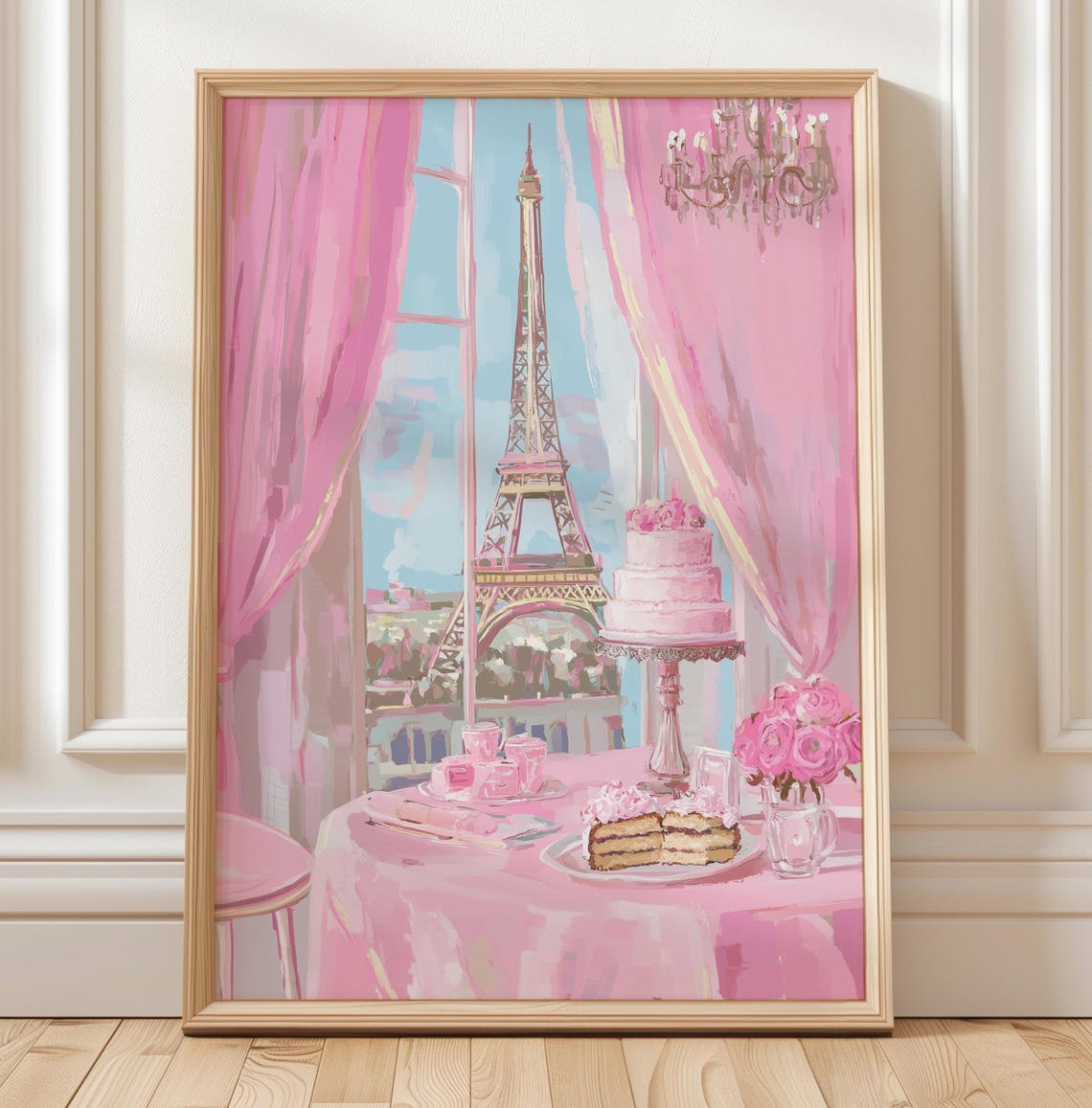 Paris Eiffel Tower Window View Poster Pink Cake French Coquette Decor