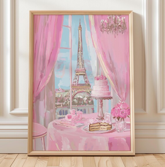 Paris Eiffel Tower Wall Art Pink Cake Window View Coquette French Cafe Decor Poster