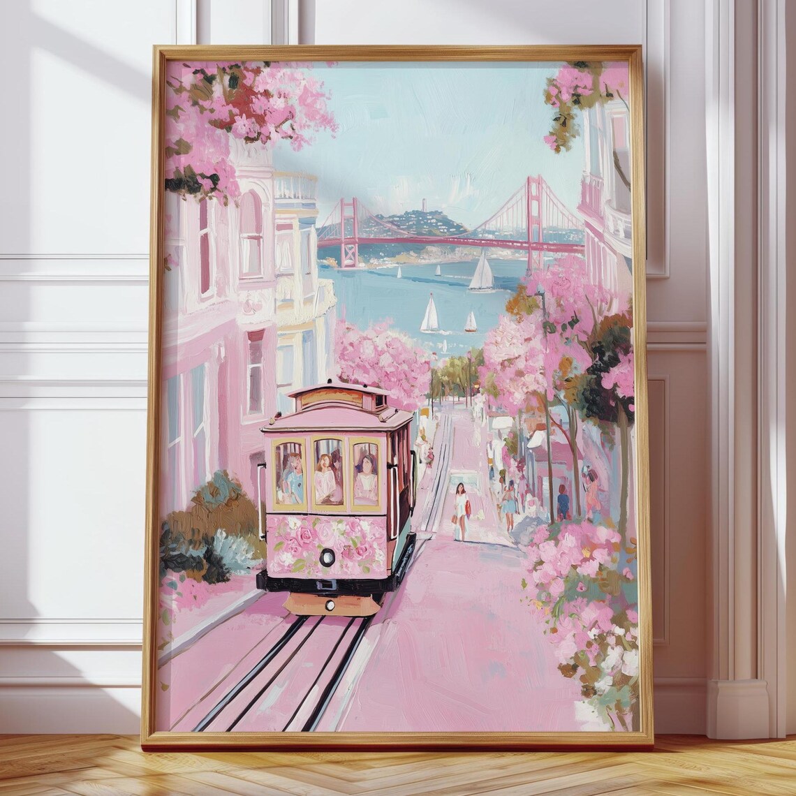 Pink San Francisco Cable Car Golden Gate Bridge Floral Poster